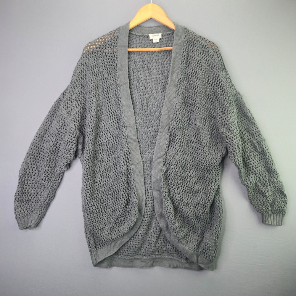 UpWest Cardigan Sweater L/XL Grey Crochet Open Front Knit Lightweight Cotton Mix
